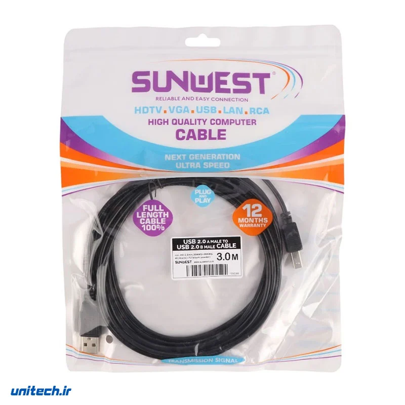 کابل پرینتر سان وست Sunwest طول 3 متر (1)